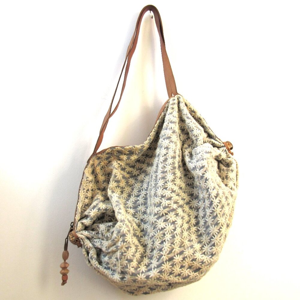 Anthropologie Cream Crochet Hobo Bag with Tan Leather Straps - Picture 4 of 7